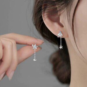 Silver Star and Shell Dangle Earrings